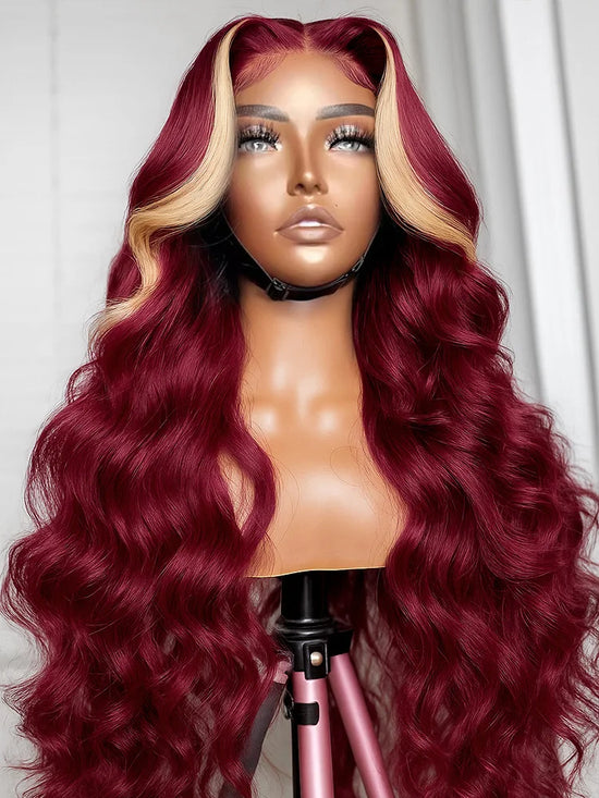 Upgrade 99J/613 Highlight Wig 13X4 Body Wave Lace Front Human Hair Wigs Blonde With Burgundy Red Highlight Transparent Lace Wig