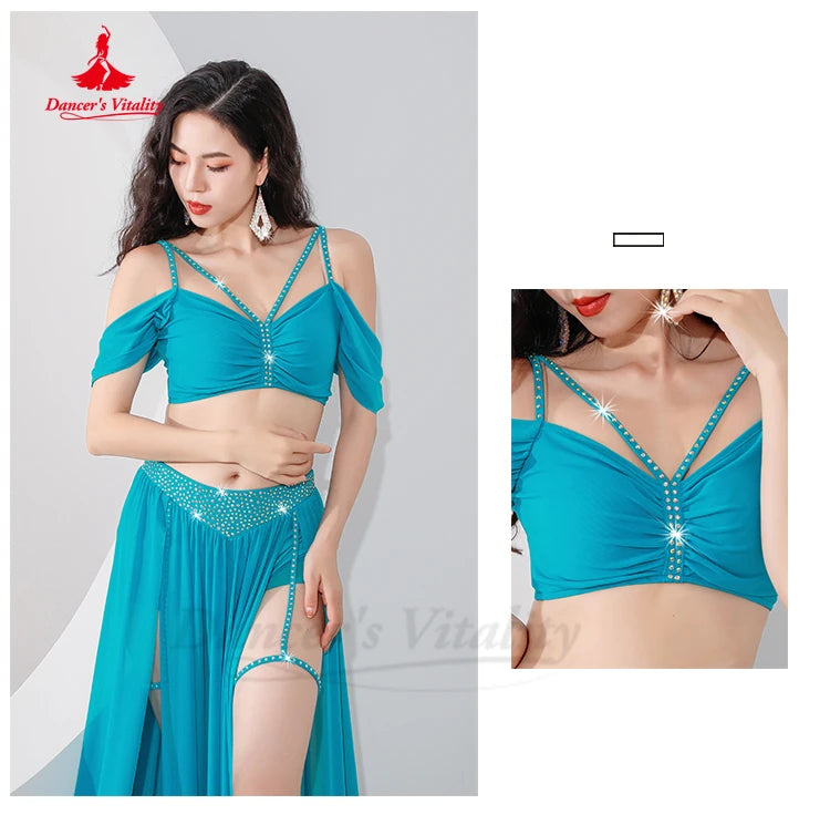 Belly Dance Professional Suit for Women Mesh Short Sleeves Top+sexy Split Long Skirt 2pcs Girl&