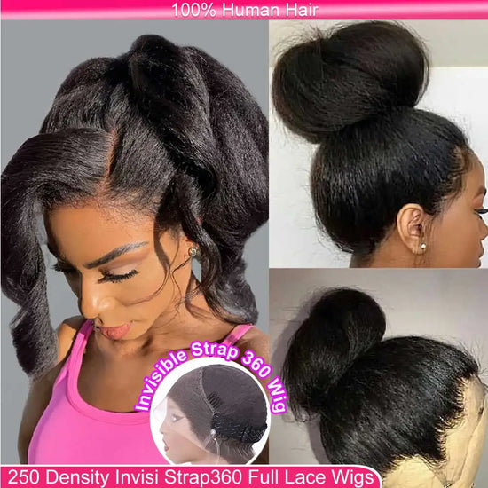 Invisi Strap 360 Full Lace Glueless Wig 250 Density Invisible Drawstring Frontal Wig Kinky Straight Lace Front Human Hair