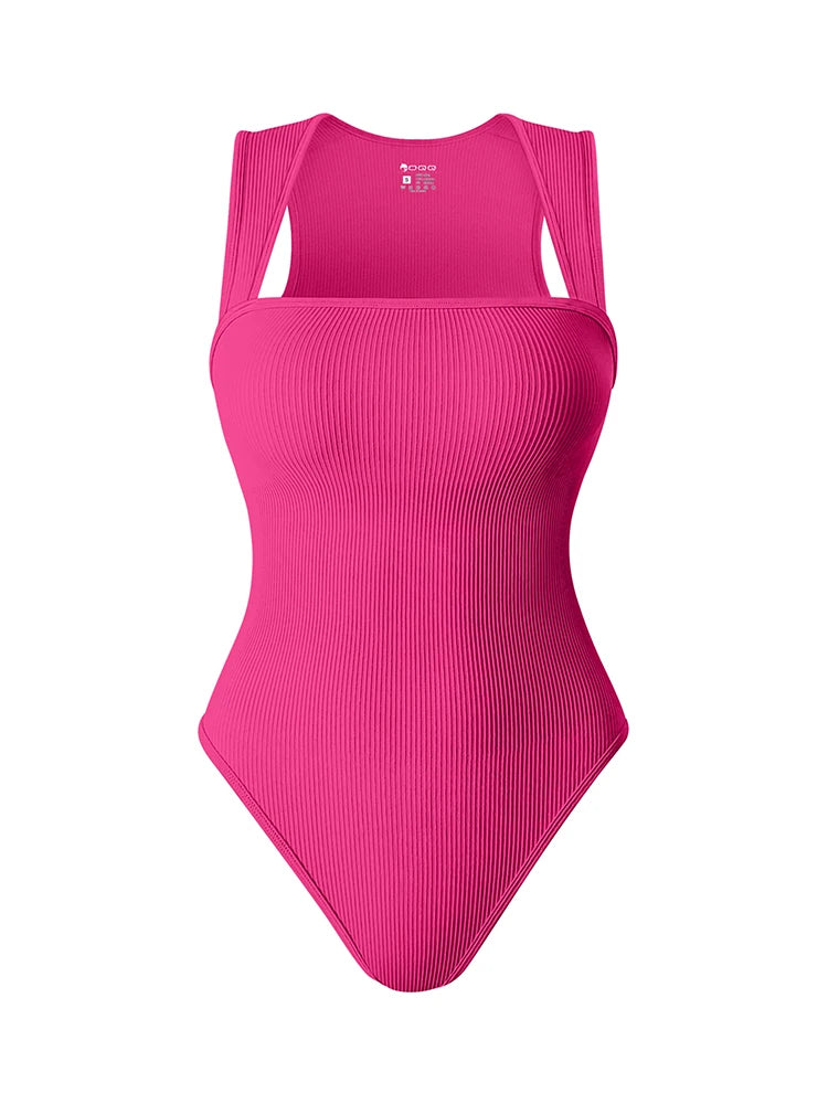 Summer New Fashion Square Collar Solid Color Sleeveless Bodysuit High Waist Sexy Tight Women&