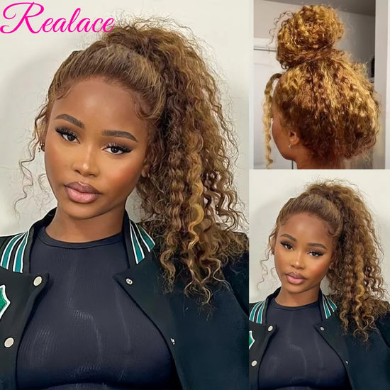Water Wave 30 Inch Invisible Strap 360 Full Lace Front Wig Honey Blonde Highlight Deep Wave Frontal Wig Glueless Wig Human Hair