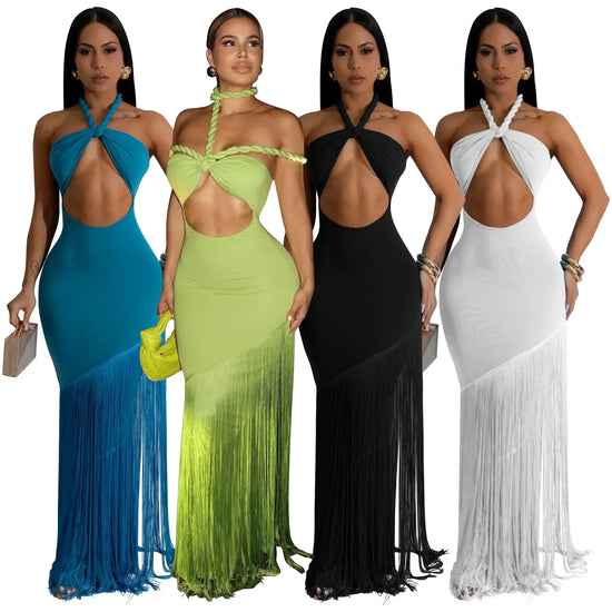 Summer Trendy Tassel Splice Wrap Dress Empire Waist Ankle-Length Sleeveless Hanging Neck Style Women&