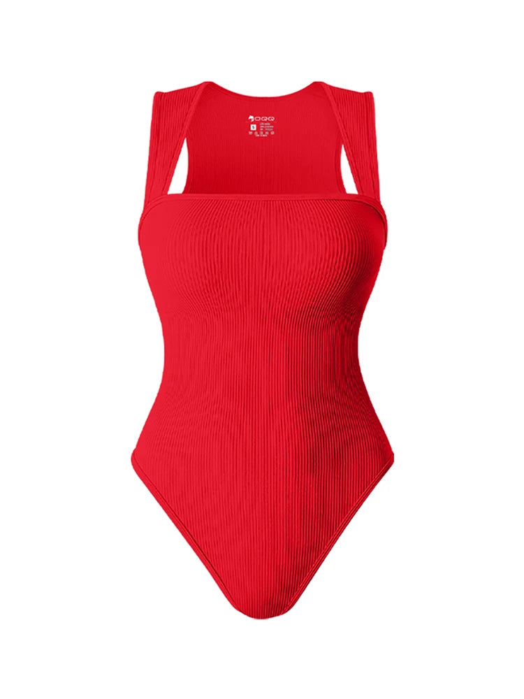 Summer New Fashion Square Collar Solid Color Sleeveless Bodysuit High Waist Sexy Tight Women&