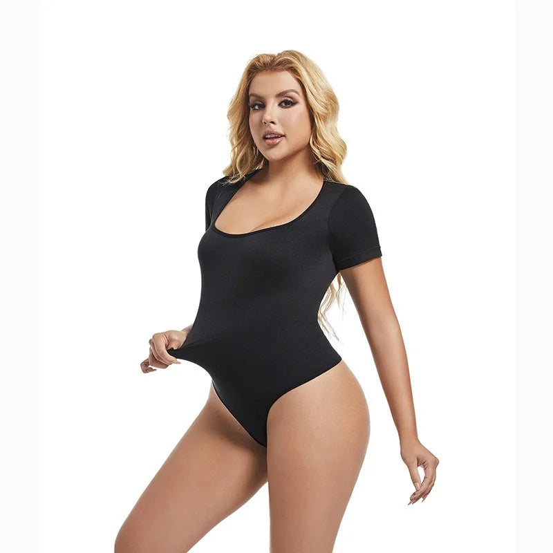 GUUDIA Short Sleeve Open Crotch Big U Neck Seamless Shapers Spandex Elastic Body Suit Shapewear Women Body Shaper Tummy Control - Lena & Miles Exquisite Boutique LLC.