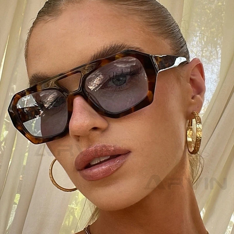 Vintage Square Sunglasses for Women Men Thickuble Bridges Eyewear Female Fashion Chic Polygon Sun Glasses Leopard Blue - Lena & Miles Exquisite Boutique LLC.