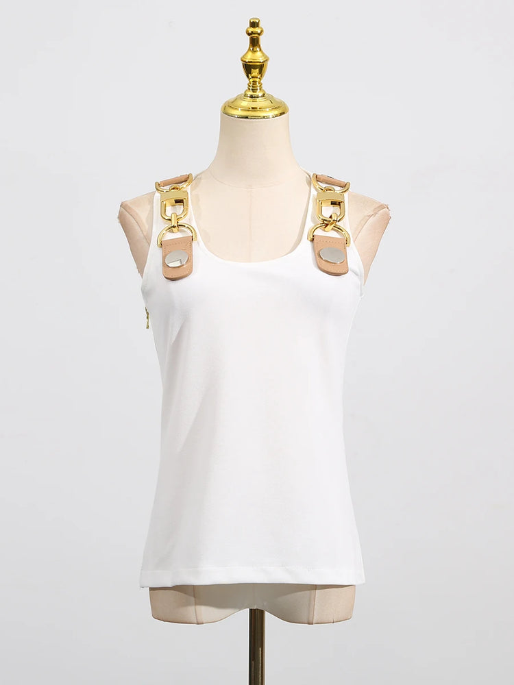 VGH American Retro Streetwear Tops for Women Square Collar Sleevelesss Patchwork Metal Buckle Waistcoat Female Summer Clothing - Lena & Miles Exquisite Boutique LLC.