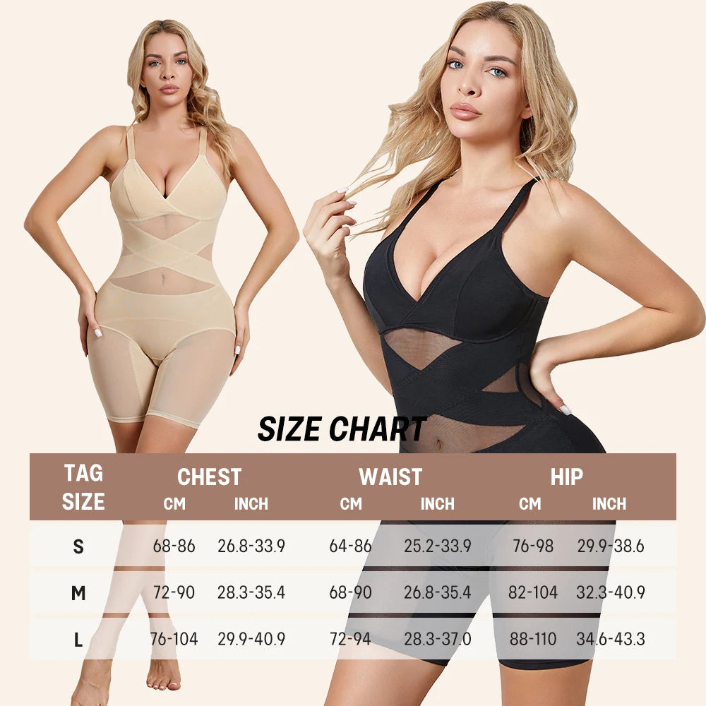 Women Body Shaper Cross Compression Tummy Control Butt Lifter Mesh Shapewear Bodysuit Faja With Open Crotch - Lena & Miles Exquisite Boutique LLC.
