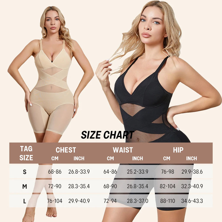 Women Body Shaper Cross Compression Tummy Control Butt Lifter Mesh Shapewear Bodysuit Faja With Open Crotch - Lena & Miles Exquisite Boutique LLC.