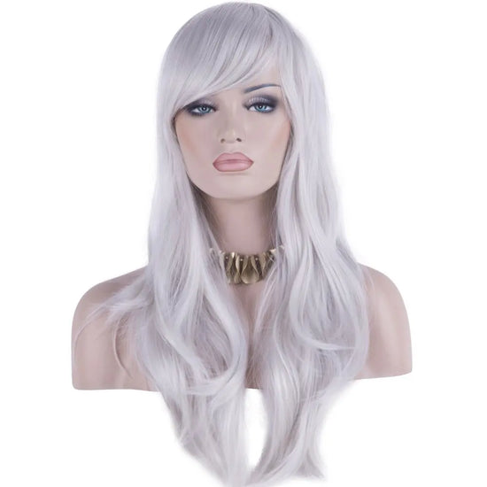 Women Long Wavy Wig Cosplay Party Heat Resistant Big Wavy Hair Women Cosplay Wig Silver White Synthetic Hair