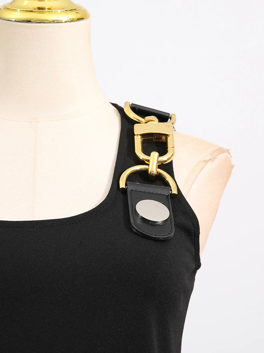 VGH American Retro Streetwear Tops for Women Square Collar Sleevelesss Patchwork Metal Buckle Waistcoat Female Summer Clothing - Lena & Miles Exquisite Boutique LLC.