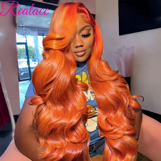 36inch Ginger Orange Lace Front Wigs Human Hair Pre Plucked 200% Density Body Wave 13x4 13x6 Hd Transparent Lace Frontal Wigs