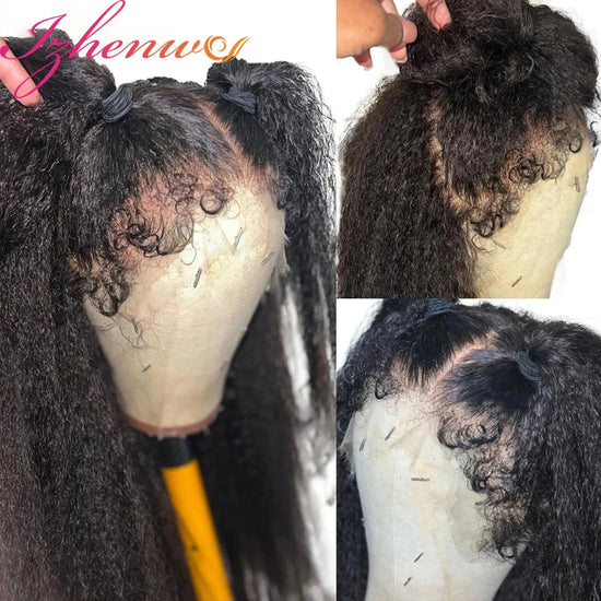 4C Kinky Edges Hairline Curly Baby Hair 13X4 13X6 Yaki Straight Transparent Lace Front Wig Pre Plucked For Women Human Hair Wig