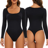GUUDIA Open Crotch Big U Neck Seamless Bodysuit Long Sleeve Spandex Elastic Body Suit Shapewear Tummy Control Waist Shapers - Lena & Miles Exquisite Boutique LLC.