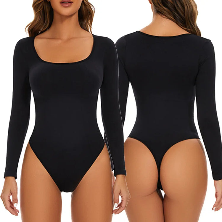 GUUDIA Open Crotch Big U Neck Seamless Bodysuit Long Sleeve Spandex Elastic Body Suit Shapewear Tummy Control Waist Shapers - Lena & Miles Exquisite Boutique LLC.