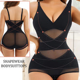 Women Tummy Control Body Shaper Mesh Slimming Waist Briefs Bodysuit V Neck Body Shaper Butt Lifter Smooth Body with Built in Bra - Lena & Miles Exquisite Boutique LLC.