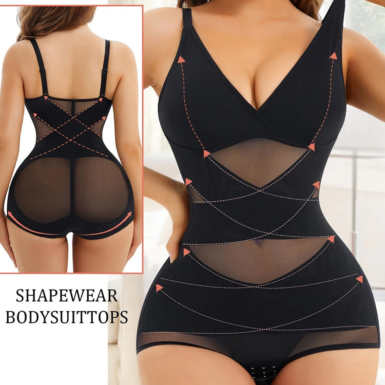 Women Tummy Control Body Shaper Mesh Slimming Waist Briefs Bodysuit V Neck Body Shaper Butt Lifter Smooth Body with Built in Bra - Lena & Miles Exquisite Boutique LLC.