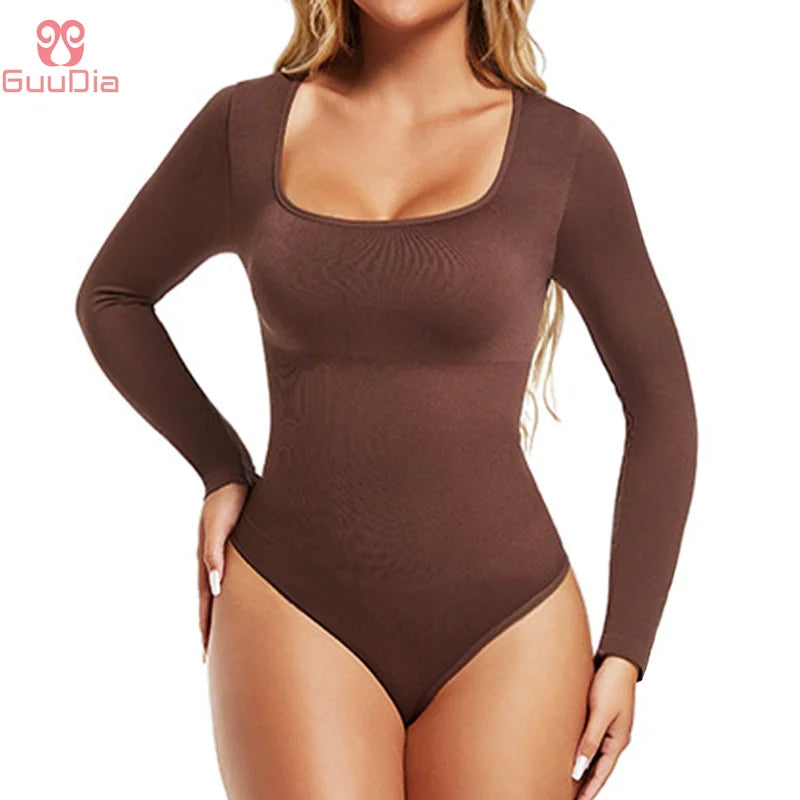 GUUDIA Open Crotch Big U Neck Seamless Bodysuit Long Sleeve Spandex Elastic Body Suit Shapewear Tummy Control Waist Shapers - Lena & Miles Exquisite Boutique LLC.