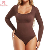 GUUDIA Open Crotch Big U Neck Seamless Bodysuit Long Sleeve Spandex Elastic Body Suit Shapewear Tummy Control Waist Shapers - Lena & Miles Exquisite Boutique LLC.