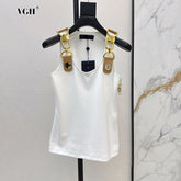 VGH American Retro Streetwear Tops for Women Square Collar Sleevelesss Patchwork Metal Buckle Waistcoat Female Summer Clothing - Lena & Miles Exquisite Boutique LLC.