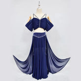Belly Dance Professional Suit for Women Mesh Short Sleeves Top+sexy Split Long Skirt 2pcs Girl&