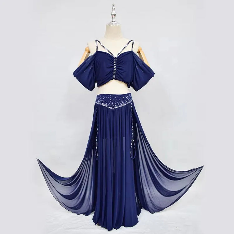 Belly Dance Professional Suit for Women Mesh Short Sleeves Top+sexy Split Long Skirt 2pcs Girl&