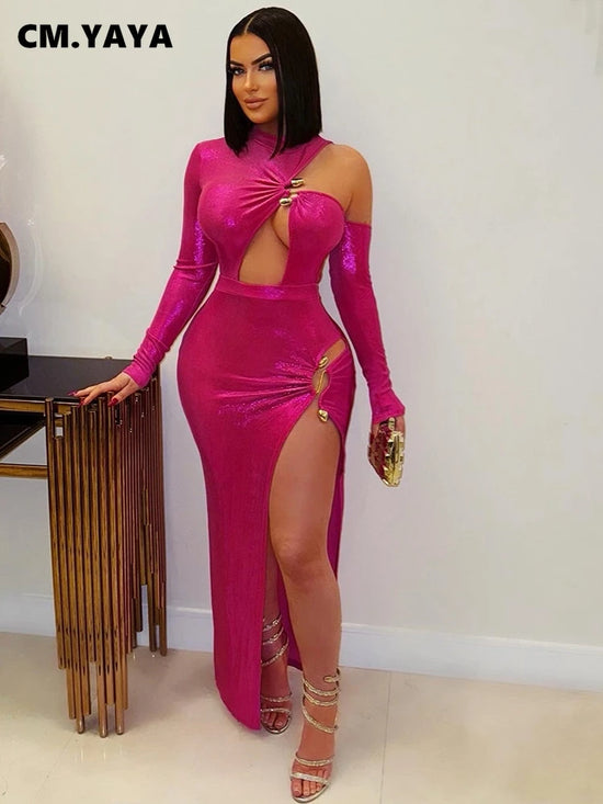 CM.YAYA Women Cutout Shoulder High Side Split Gilding Midi Maxi Long Dress 2025 Club Sexy Prom Party Evening Bodycon Dresses