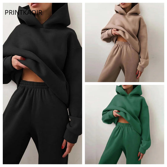 Women Hooded Tracksuit Sports 2 Pieces Set Streetwear Sweatshirts Pullover Pants Suit Home Sweatpants Trousers Outfits