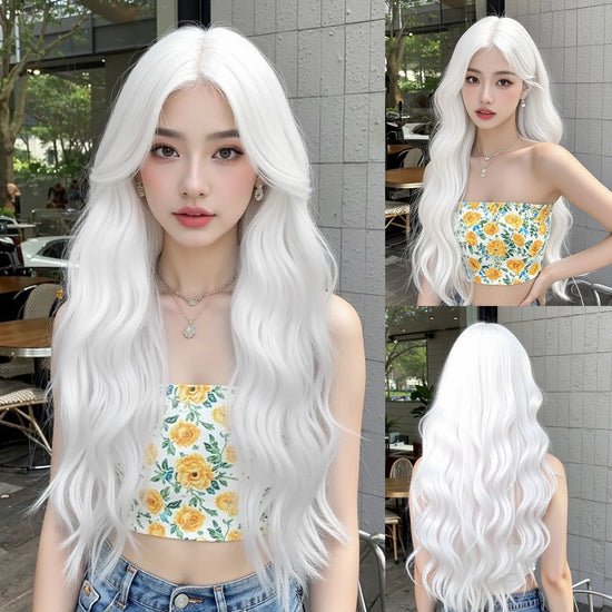 Super Long Curly Silver White Synthetic Wig Medium Part Water Wave Wigs For Women Daily Cosplay Halloween Colorfull Fake Hair