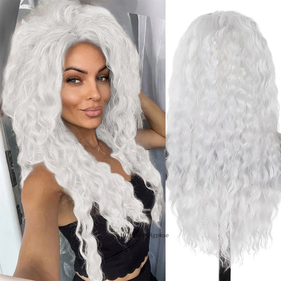 Synthetic Pure White Long Wavy Wig for Women Old Lady Water Wave Hairstyle Fluffy Loose Light Thick Wigs Cosplay Halloween Party