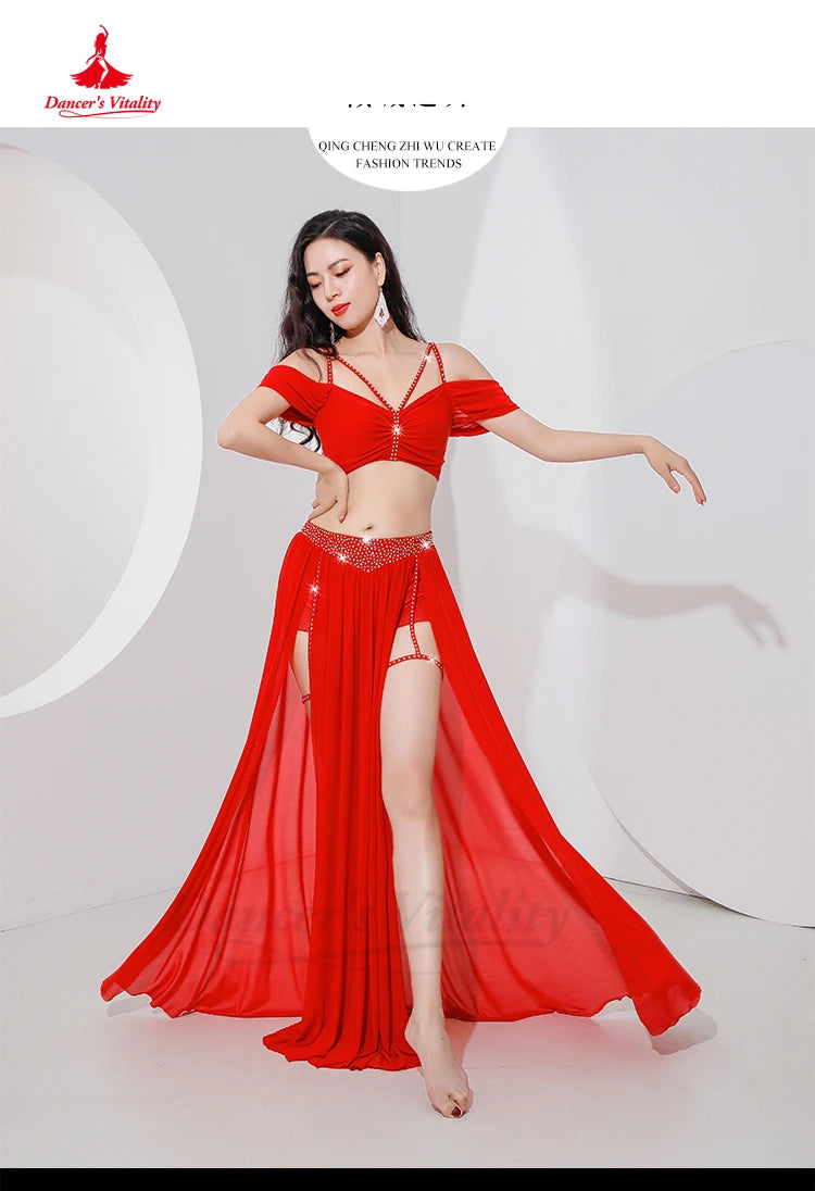 Belly Dance Professional Suit for Women Mesh Short Sleeves Top+sexy Split Long Skirt 2pcs Girl&
