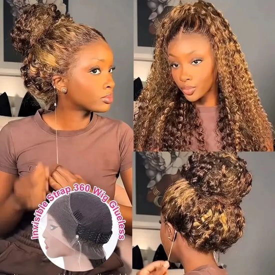 30 40 Inch Deep Wave Human Hair Wig 360 Full Lace Front with Hidden Strap 4/27 Blonde Highlights Pre Plucked Brazilian Cury Hair