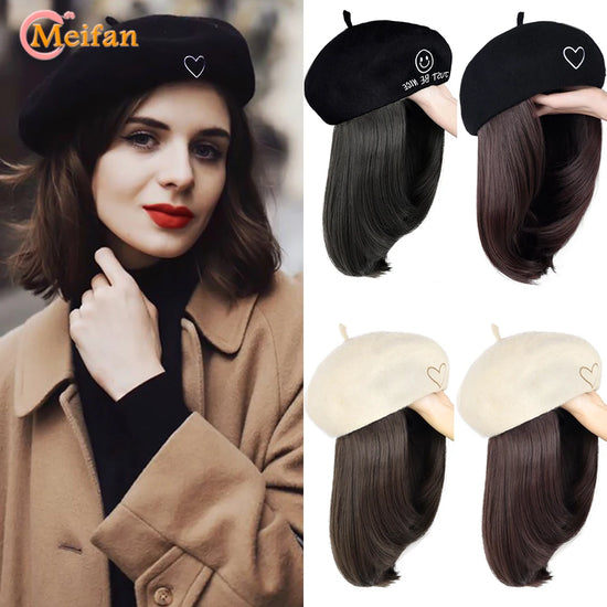 MEIFAN Beret Hat Wig Synthetic Short Wavy Curly Hairpiece With Hat Embroidery Berets Cap Wig Hair Extension Black Brown Wig