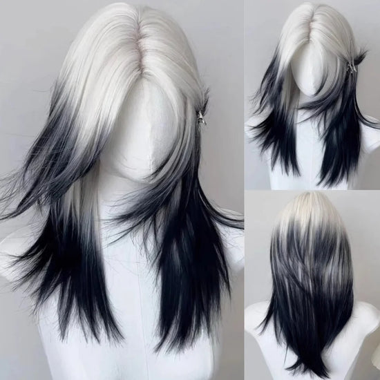 FORLISEE Ombre Black White Synthetic Layered Wig for Lolita Cosplay Daily Party Women Long Straight Wig with Bangs