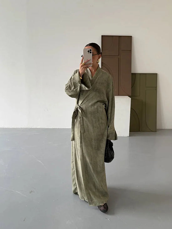 Elegant Women Printed Lace Up Maxi Dress 2025 New Long Sleeve V Neck Long Dresses Female Party Holiday Oversize Evening Robes