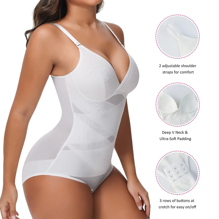 Women Tummy Control Body Shaper Mesh Slimming Waist Briefs Bodysuit V Neck Body Shaper Butt Lifter Smooth Body with Built in Bra - Lena & Miles Exquisite Boutique LLC.