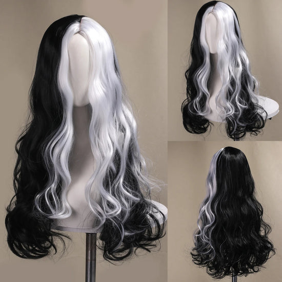 28 inch long rolled witch black and white synthetic wig, used for holiday parties and Halloween role-playing
