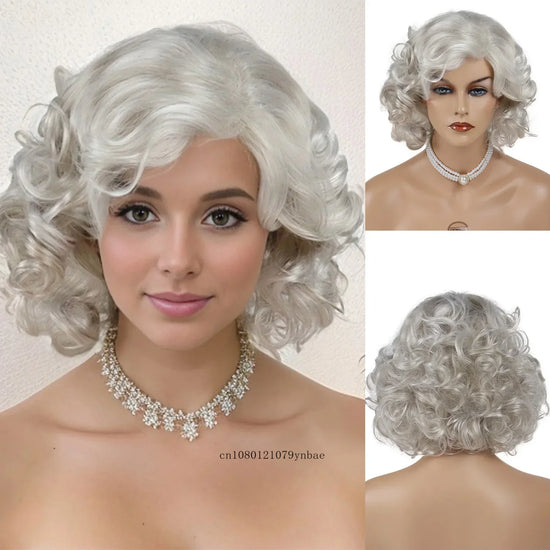 Granny Old Lady Natural Synthetic Hair Wig for Women Grandma Short Silver Grey Curly Wavy Wigs with Bangs Daily Costume Cosplay