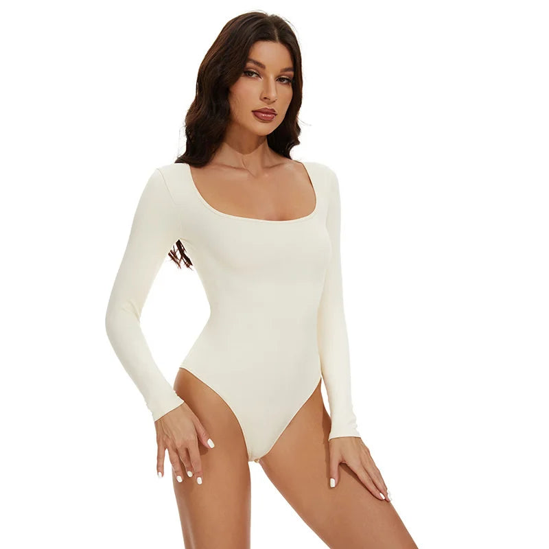 GUUDIA Open Crotch Big U Neck Seamless Bodysuit Long Sleeve Spandex Elastic Body Suit Shapewear Tummy Control Waist Shapers - Lena & Miles Exquisite Boutique LLC.