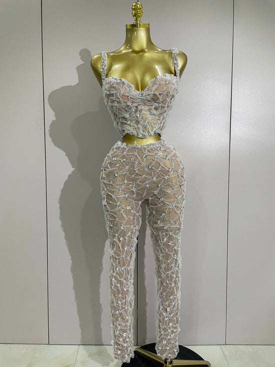 Sexy Sparkly Diamonds Splicing Lace Halter Top+Long Pants Two Piece Set Women Celebrate Birthday Dancer Nightclub Stage Costume