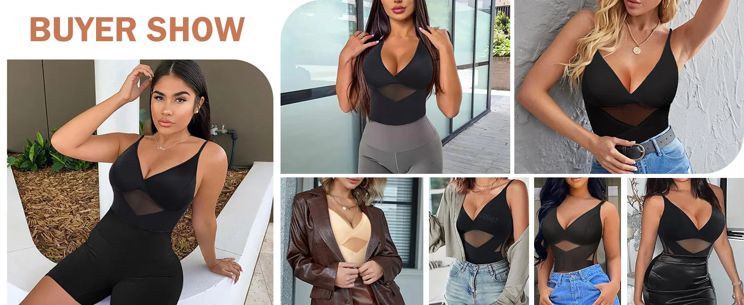 Women Tummy Control Body Shaper Mesh Slimming Waist Briefs Bodysuit V Neck Body Shaper Butt Lifter Smooth Body with Built in Bra - Lena & Miles Exquisite Boutique LLC.