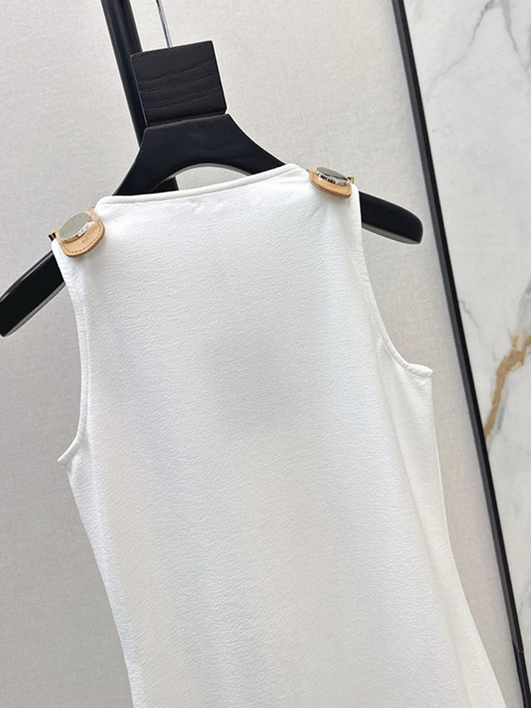 VGH American Retro Streetwear Tops for Women Square Collar Sleevelesss Patchwork Metal Buckle Waistcoat Female Summer Clothing - Lena & Miles Exquisite Boutique LLC.