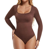 GUUDIA Open Crotch Big U Neck Seamless Bodysuit Long Sleeve Spandex Elastic Body Suit Shapewear Tummy Control Waist Shapers - Lena & Miles Exquisite Boutique LLC.