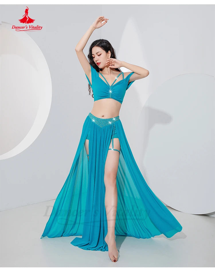 Belly Dance Professional Suit for Women Mesh Short Sleeves Top+sexy Split Long Skirt 2pcs Girl&