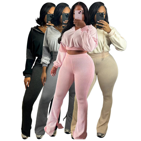 2025 Trend Women Sports Sets Outfit Contrast Color Tracksuit Hooded Sweatshirt and High Waist Flare Pants Lounge 2 Two Piece Set