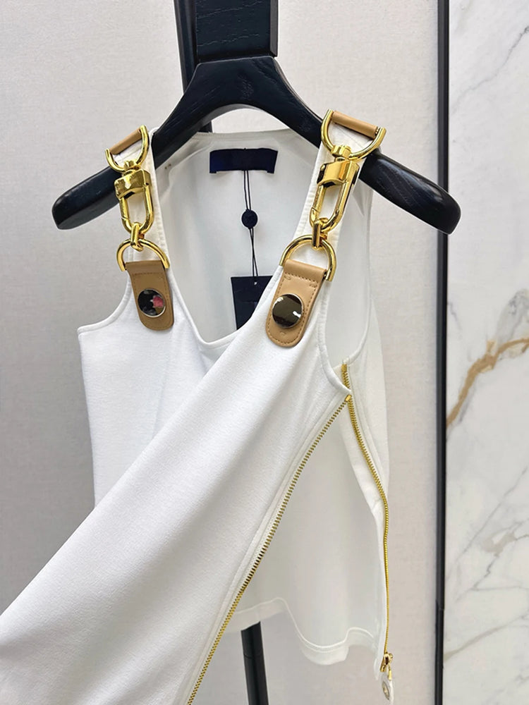 VGH American Retro Streetwear Tops for Women Square Collar Sleevelesss Patchwork Metal Buckle Waistcoat Female Summer Clothing - Lena & Miles Exquisite Boutique LLC.