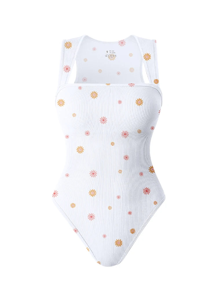 Summer New Fashion Square Collar Solid Color Sleeveless Bodysuit High Waist Sexy Tight Women&