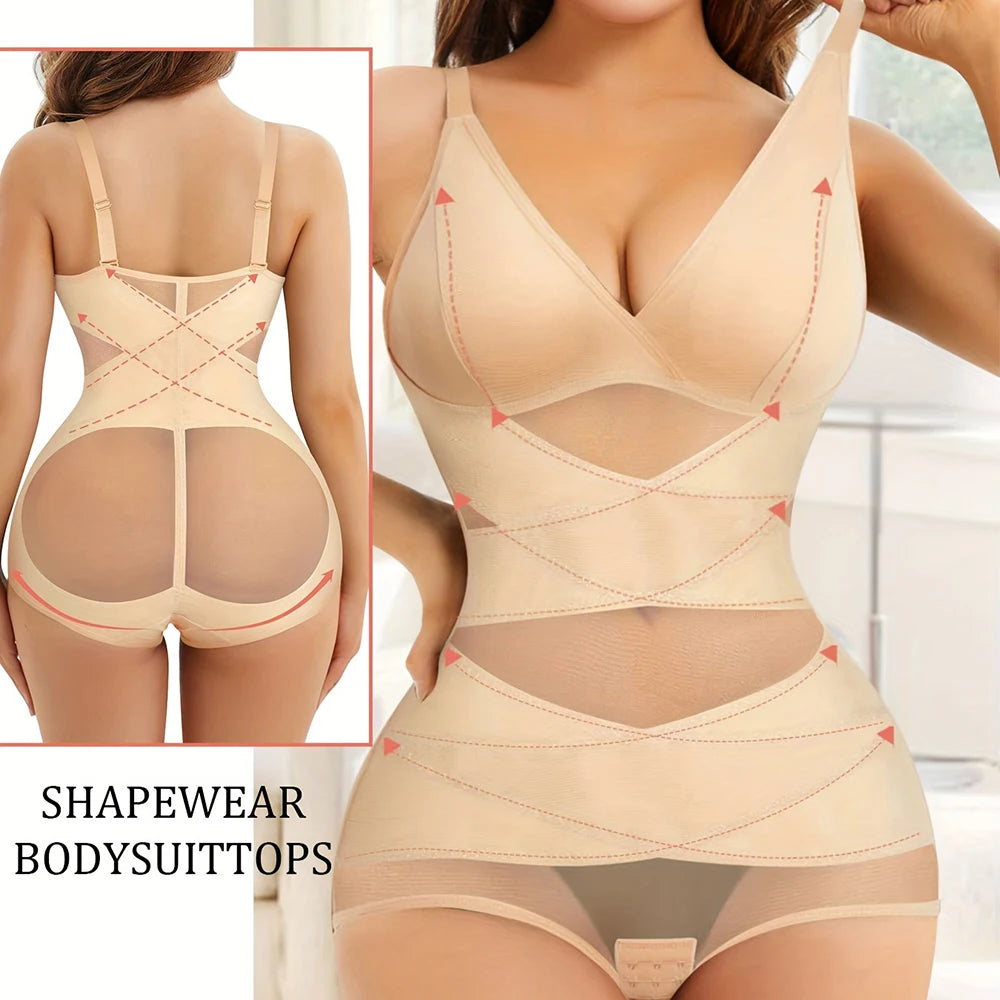 Women Tummy Control Body Shaper Mesh Slimming Waist Briefs Bodysuit V Neck Body Shaper Butt Lifter Smooth Body with Built in Bra - Lena & Miles Exquisite Boutique LLC.