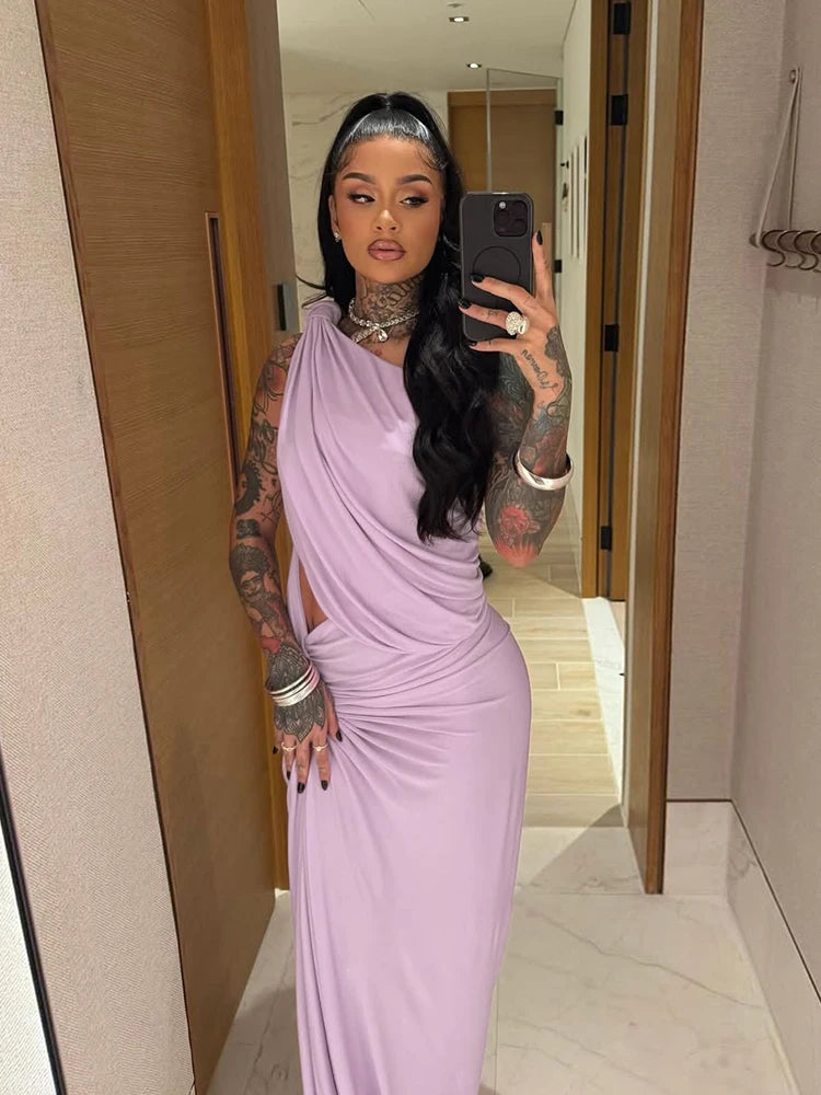 kliou Asymmetrical Incline Shoulder Women Dress High Street Concise Unique Tied Pleated Sleeveless Maxi Bodycon Mujer Party Robe - Lena & Miles Exquisite Boutique LLC.