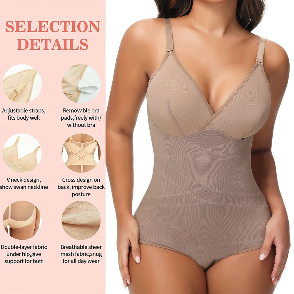 Women Tummy Control Body Shaper Mesh Slimming Waist Briefs Bodysuit V Neck Body Shaper Butt Lifter Smooth Body with Built in Bra - Lena & Miles Exquisite Boutique LLC.