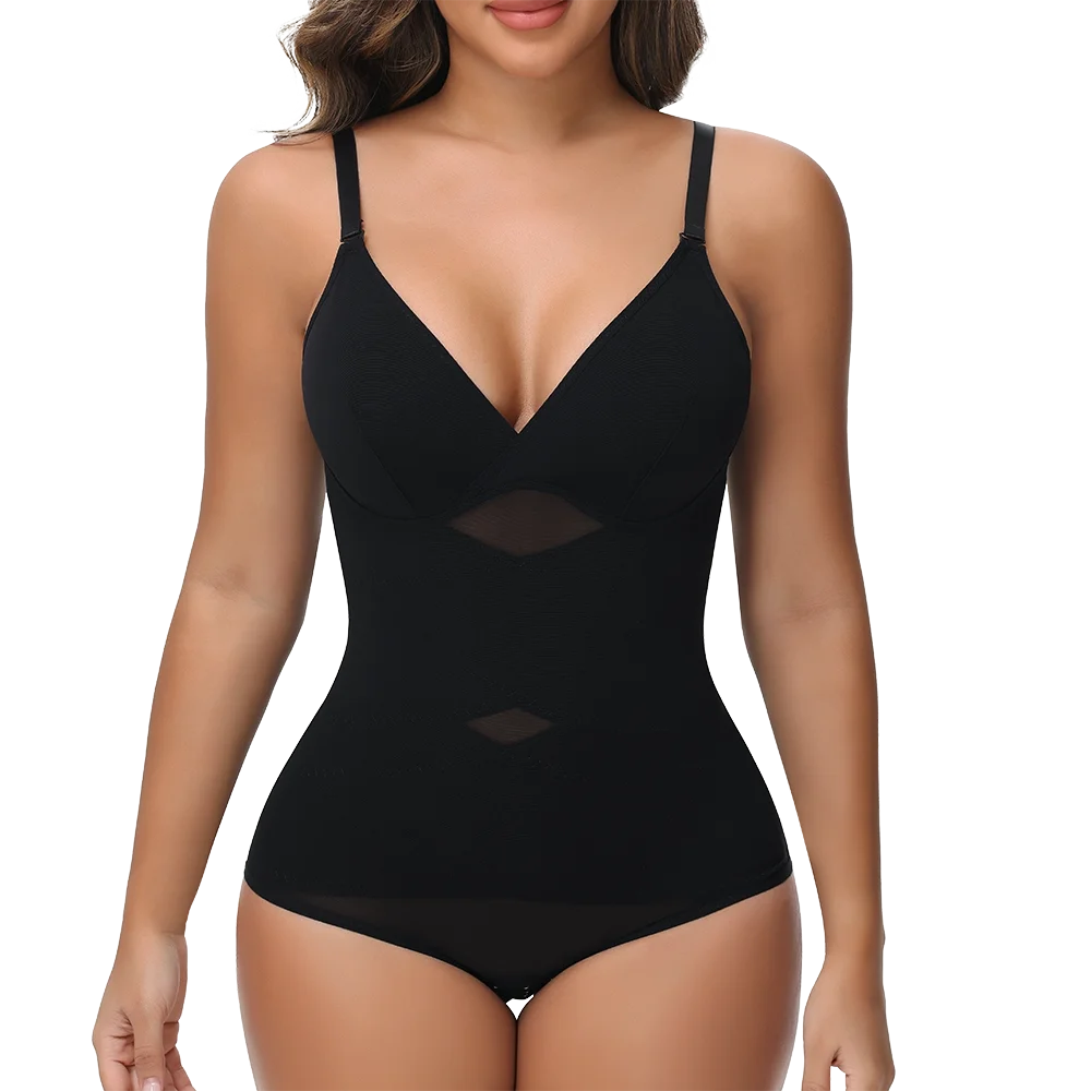 Women Tummy Control Body Shaper Mesh Slimming Waist Briefs Bodysuit V Neck Body Shaper Butt Lifter Smooth Body with Built in Bra - Lena & Miles Exquisite Boutique LLC.